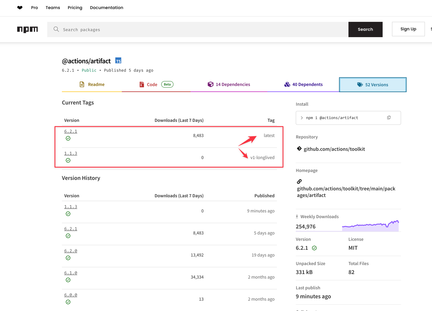 Screenshot showcasing the npm distribution tags